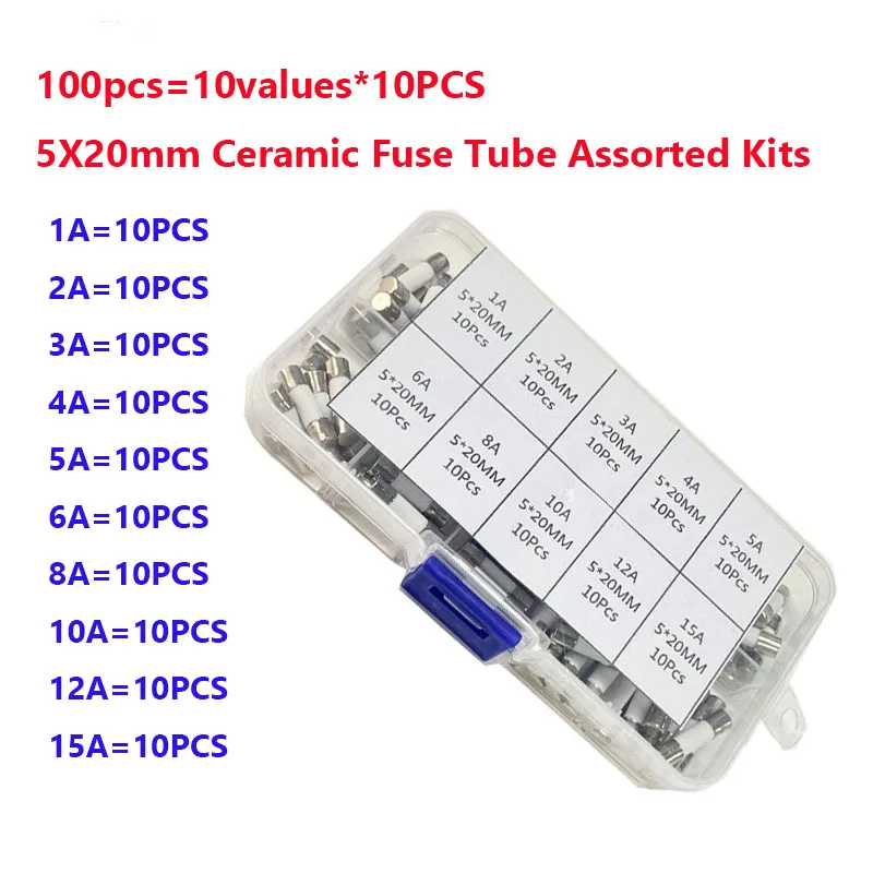 100Pcs/Box 5X20mm Ceramic Fuse Tube Assorted Kits 10Values*10PCS Fast Blow  5*20 250V 1A 2A 3A 4A 5A 6A 8A 10A 12A 15A