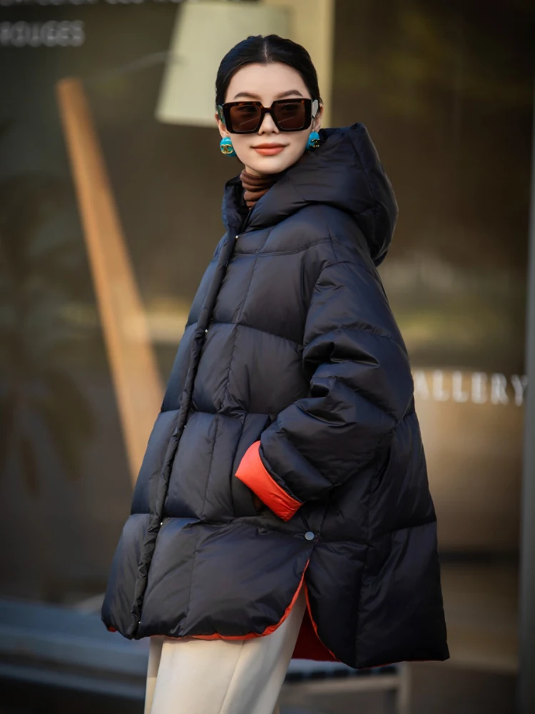 Fashion contrast color down jacket with hooded Women\'s 2024 Winter A-line long sleeve puffer coat Oversize Ladies INKEO DJ044