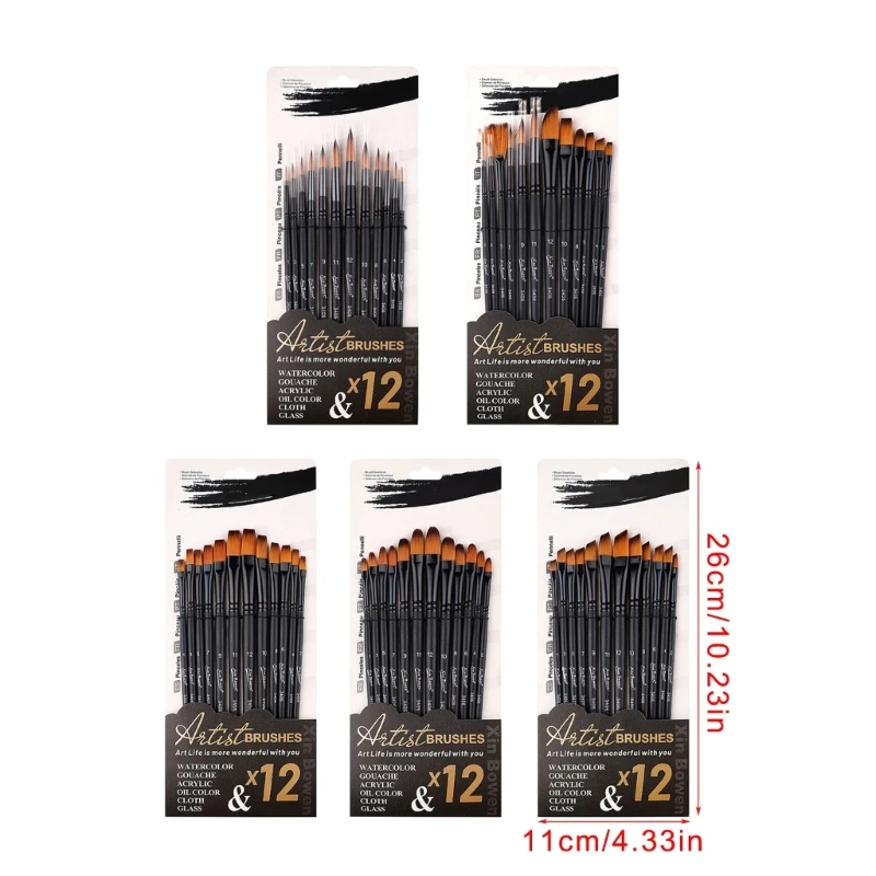 12x Watercolor Paint Brushes Artist Brushes Drawing Supplies for Oil Painting