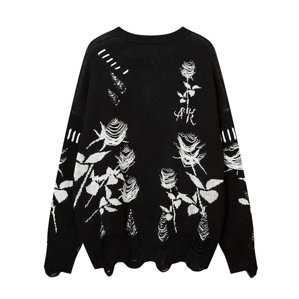 Flower Ripped Sweater Men Crew Neck Hipster Mens Sweater Black White