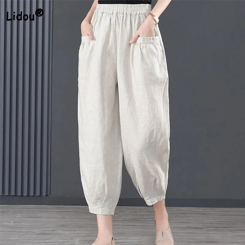 

Ice Silk Imitation Cotton Hemp Nine Split Wide Leg Pants Spring Summer New Leisure Solid Color High Waist Pockets Harem Trousers