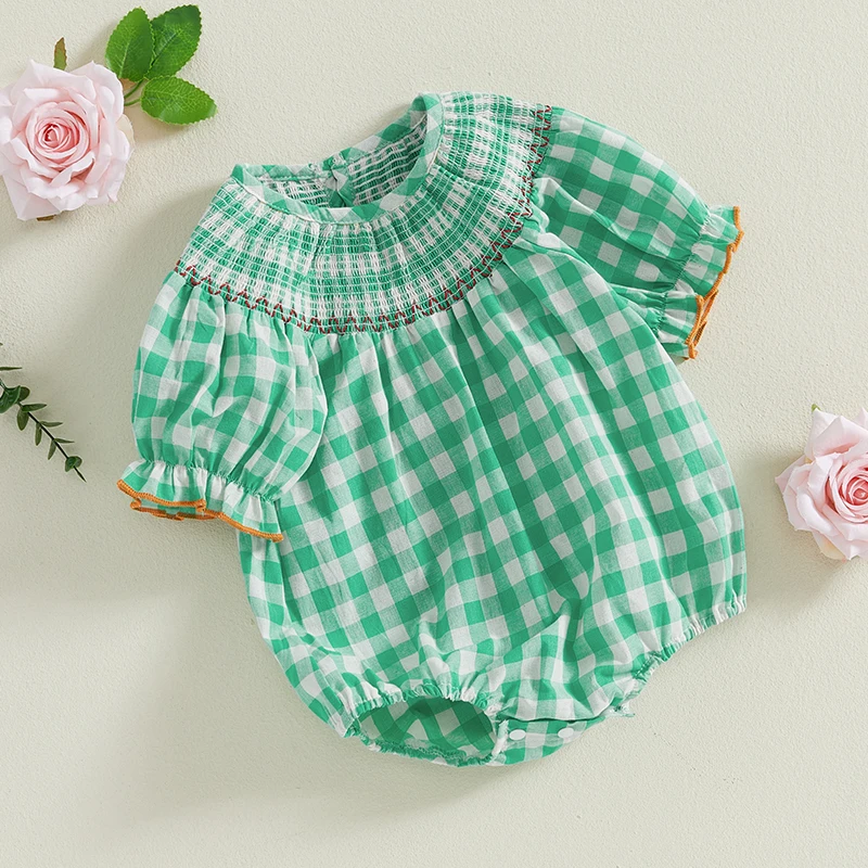 Romper lengan pendek bayi perempuan, baju monyet musim panas klasik, lengan pendek cetak kotak-kotak, Playsuit bayi baru lahir