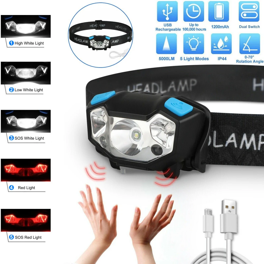 Headlamp 5000LM Rechargeable Head Lights Ultra Bright LED Head Lamp Flashlight For Camping Cycling Running Fishing Dropshipping