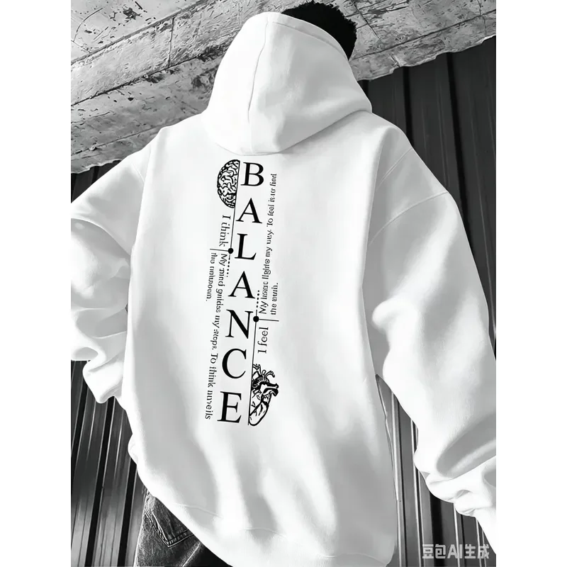 New Hoodie Men Balance Brain & Heart Vertical Text Print Pullover Sweatshirt Casual Street Style Autumn Winter Hooded Sweat