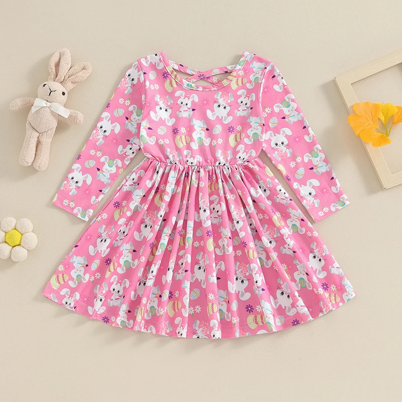 FOCUSNORM 0-3Y Autumn Toddler Baby Girls Easter Dress Long Sleeve Rabbit Egg Print A-Line Knee Length Dress