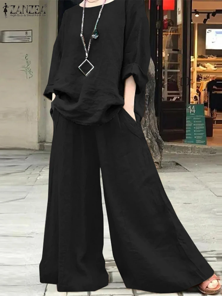 ZANZEA Women Long Pant Sets Fashion Long Sleeved Tops Long Trousers 2024 Spring Solid Round Neck Clothing Ankle-Length Bottoms