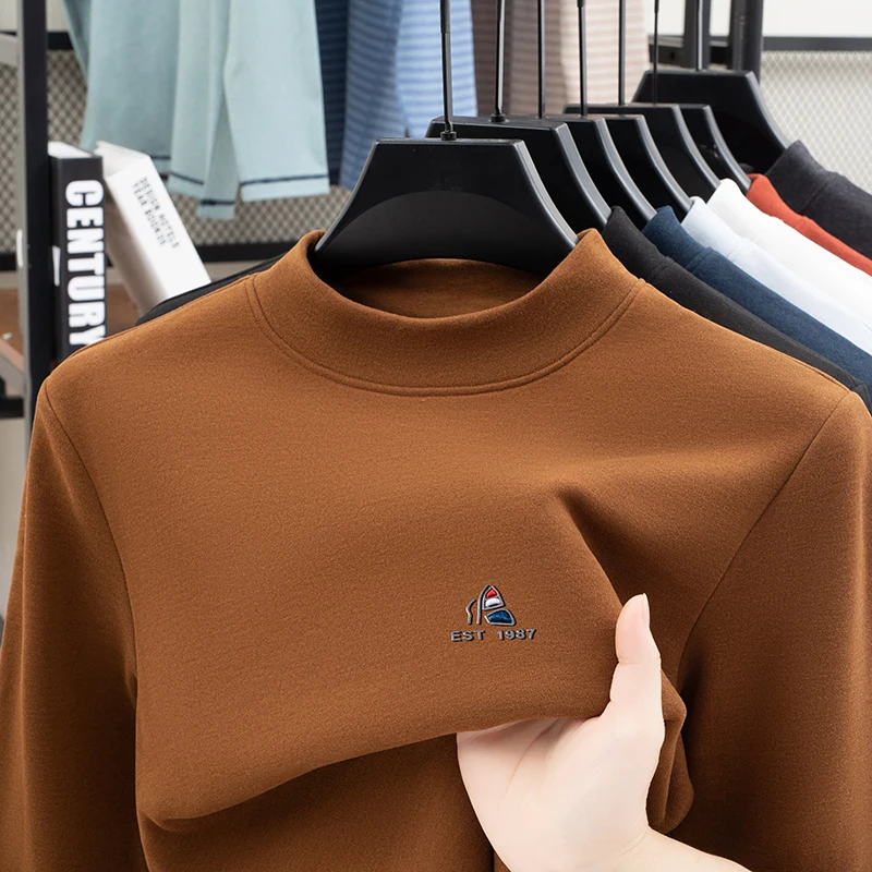

Quality Man Long-Sleeved T-Shirt Round Neck Velvet Fleece Exquisite Embroidery Korean-Style Autumn Winter New Leisure Men's Wear
