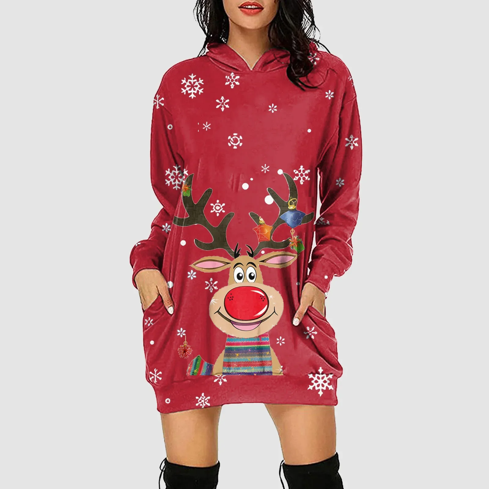 Merry Christmas Elk Prints Hoodies Dress Women Bag Hip Plus Size Long Sleeves Hoodies Sweatshirts Dress With Pockets Vestidos