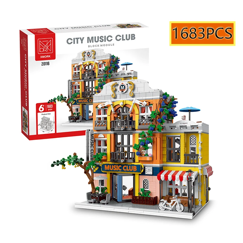 

1683PCS MOC Music Club LED Light European Retro City Street View Style Building Blocks Shop House Children's Puzzle Toys Gits