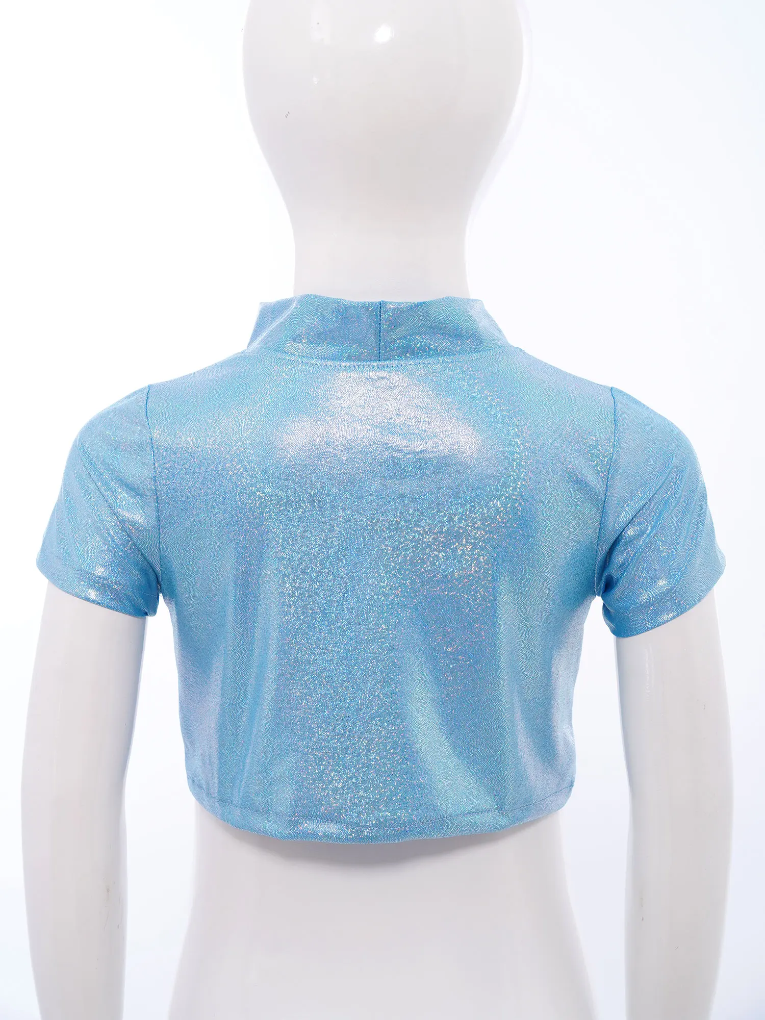 Girls Shirt Lace-up Collar Short Sleeves Metallic T-shirt Dance Crop Top for Cheerleading Jazz Dance Stage Performance Party