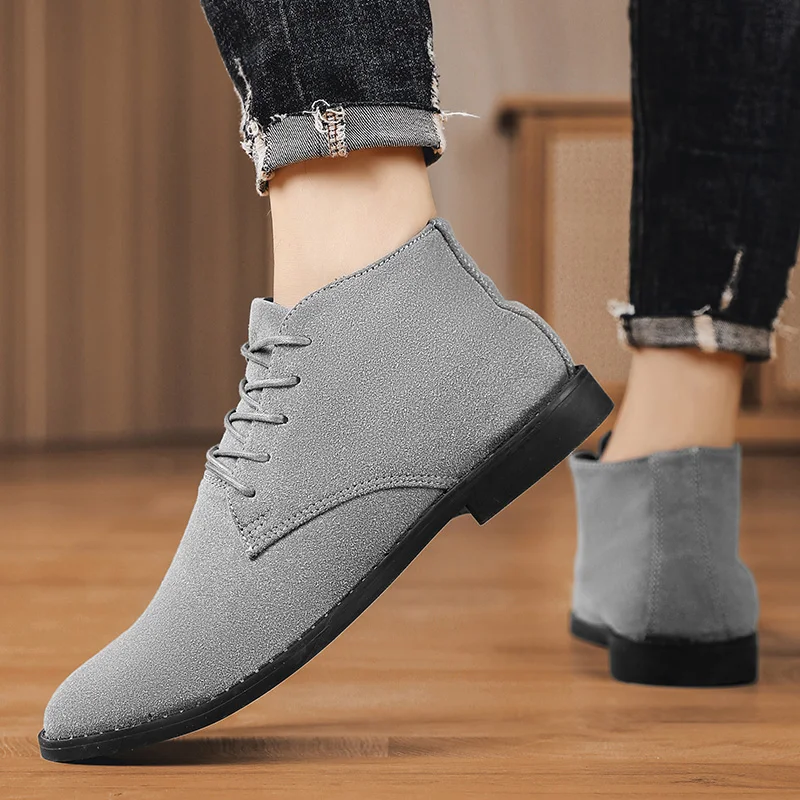 Casual shoes man Fashion Men Ankle Chelsea Boots lace up Male Shoes mid top Suede Leather Slip On Motorcycle Man Boots