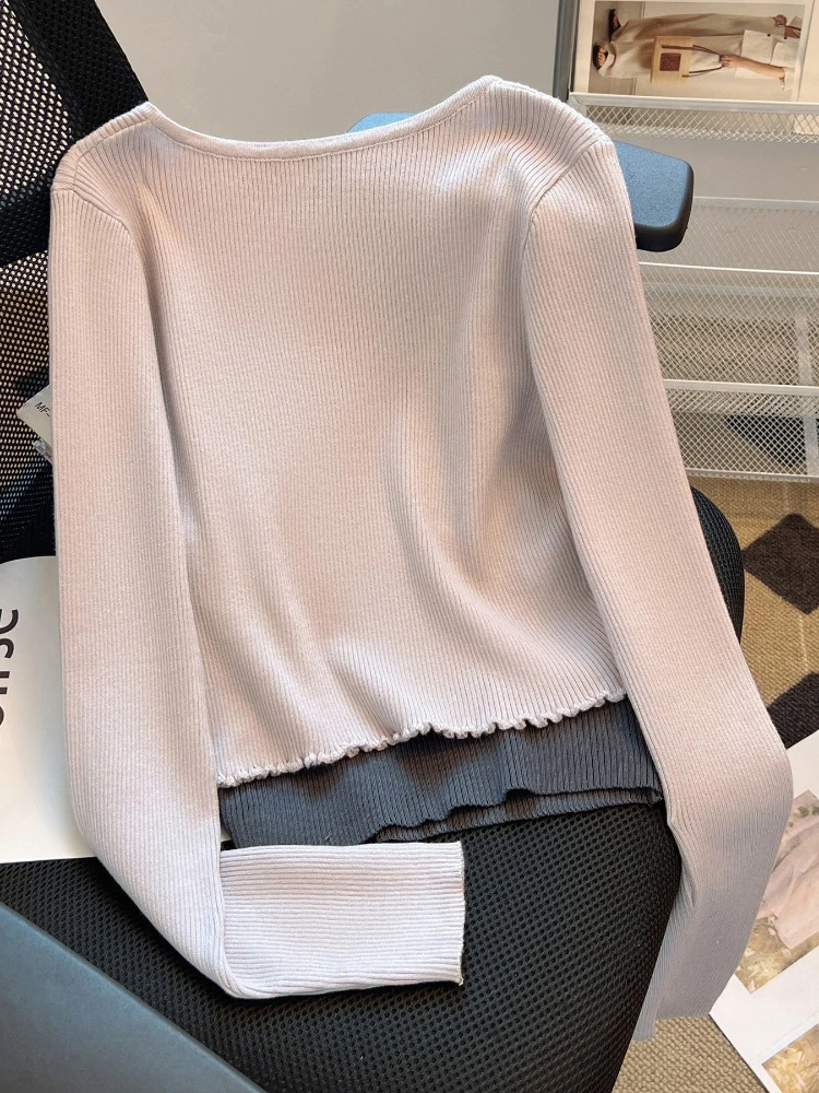 Women's Contrast Color Knitted Sweater Spring Autumn Long Sleeved Pullover Camisole 2Pcs Female Clothing Fashion Casual Bow Tops