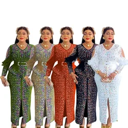 Elegante Afrikaanse Feestavondjurken voor Vrouwen Herfst Afrikaanse Lange Mouw V-hals Diamant Bruiloft Lange Maxi Jurk Toga Outfits