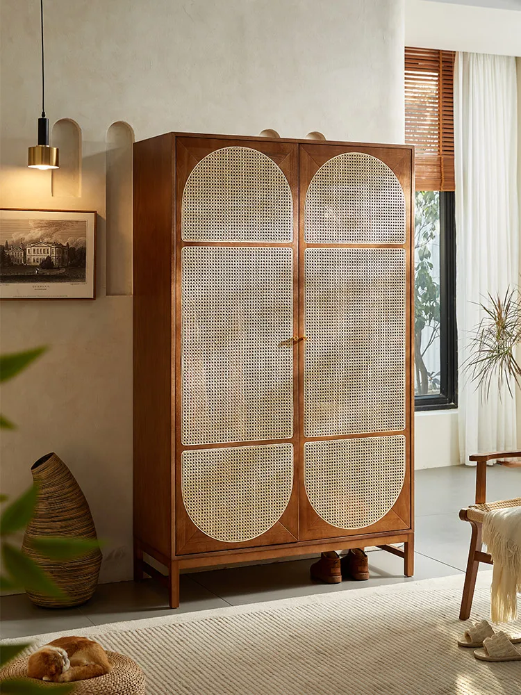 

Nordic Solid Wood Rattan Wardrobe Simple Modern Storage Locker Bed & Breakfast Bedroom Double Door Coat Cabinet