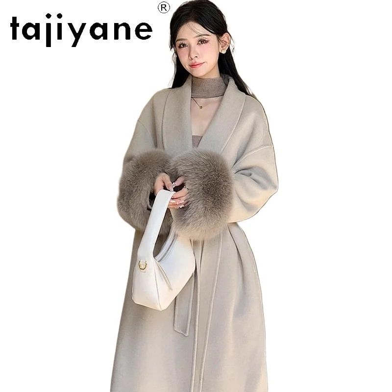 

TAJIYANE Женское пальто из 100% шерсти с рукавами из лисьего меха Халат в стиле лацкана Женская одежда Премиум Верхняя одежда 2025пальто женское