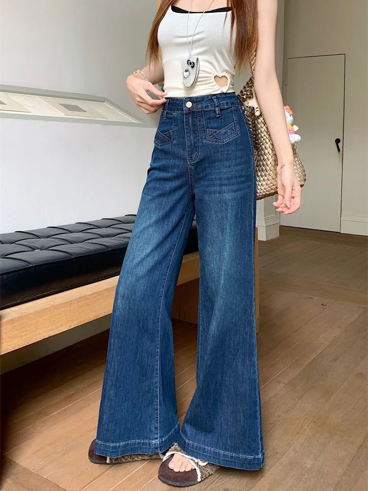 กางเกงยีนส์แฟชั่นทรงหลวมสไตล์วินเทจ ล้างสี เอวสูง ผู้หญิง สวมใส่สบาย ยืดได้ ทรงตรง ขากว้าง ทรงบูทคัท