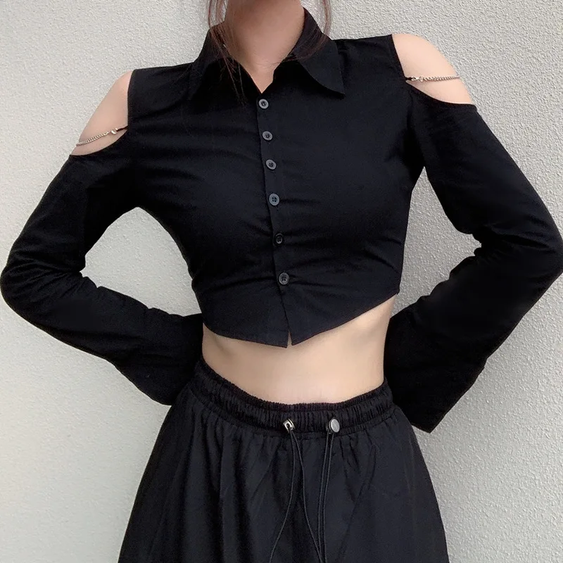 WhereMery OL Sexy Off Shoulder Black Blouse Polo-neck Button Cardigan Crop Tops Women Formal Occasions Long Sleeve Slim Clothes