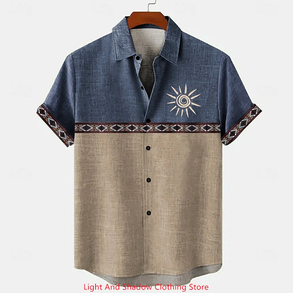 

Men's Short Sleeved Shirt, Printed Collar, Button Up Cardigan Shirt, Retro Casual, Breathable Linen Shirt, Plus Size, Summer