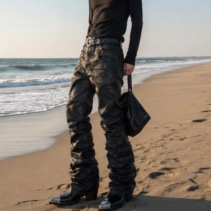 HKSH Spring Autumn New Men Tide Chic Ins Dark Punk Coated Jeans Hand-painted Waxed Denim Pants Niche Design Stacked Y2K HK28347