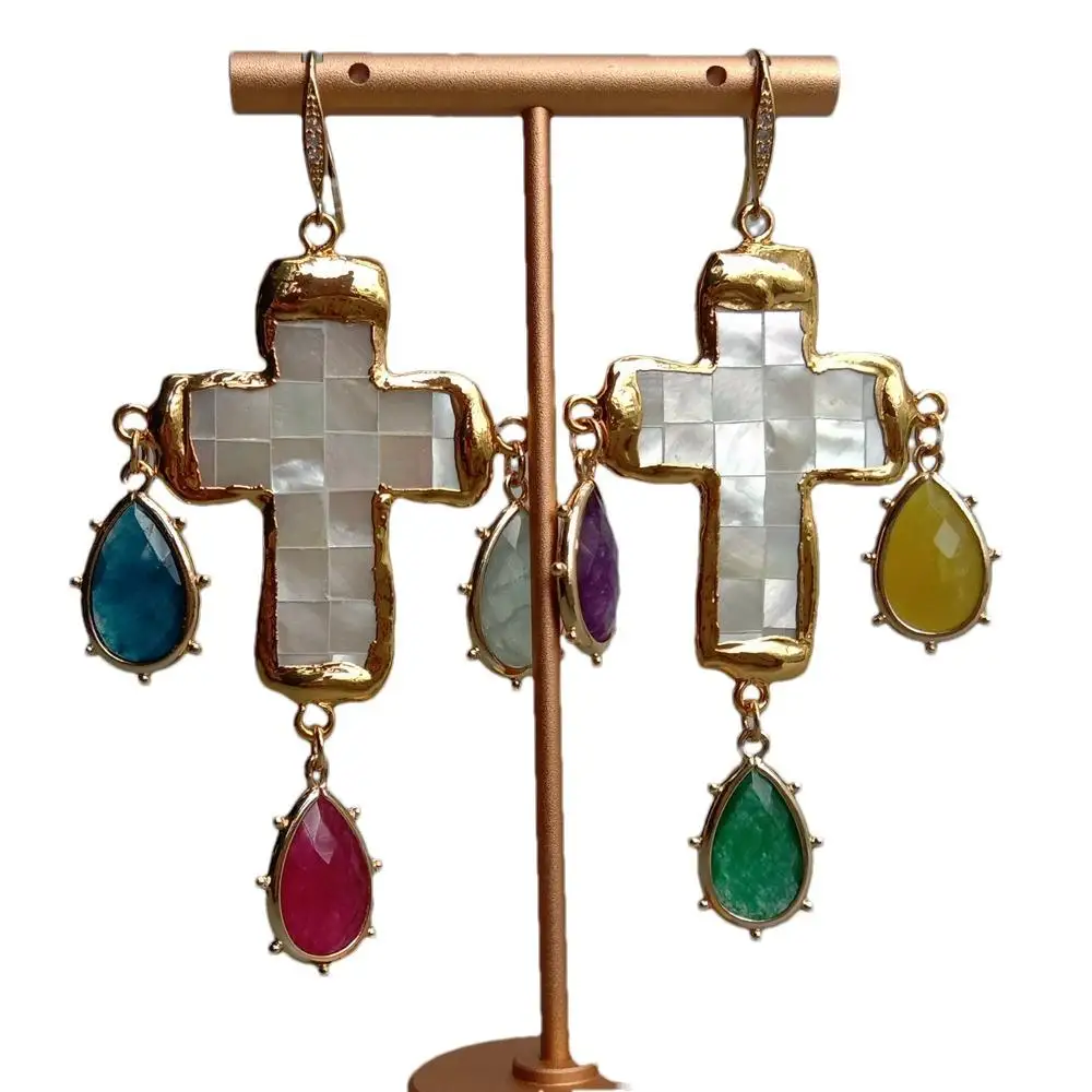 

Y·YING White Shell Crucifix Jade Dangle Drop Earrings Handmade Jewelry