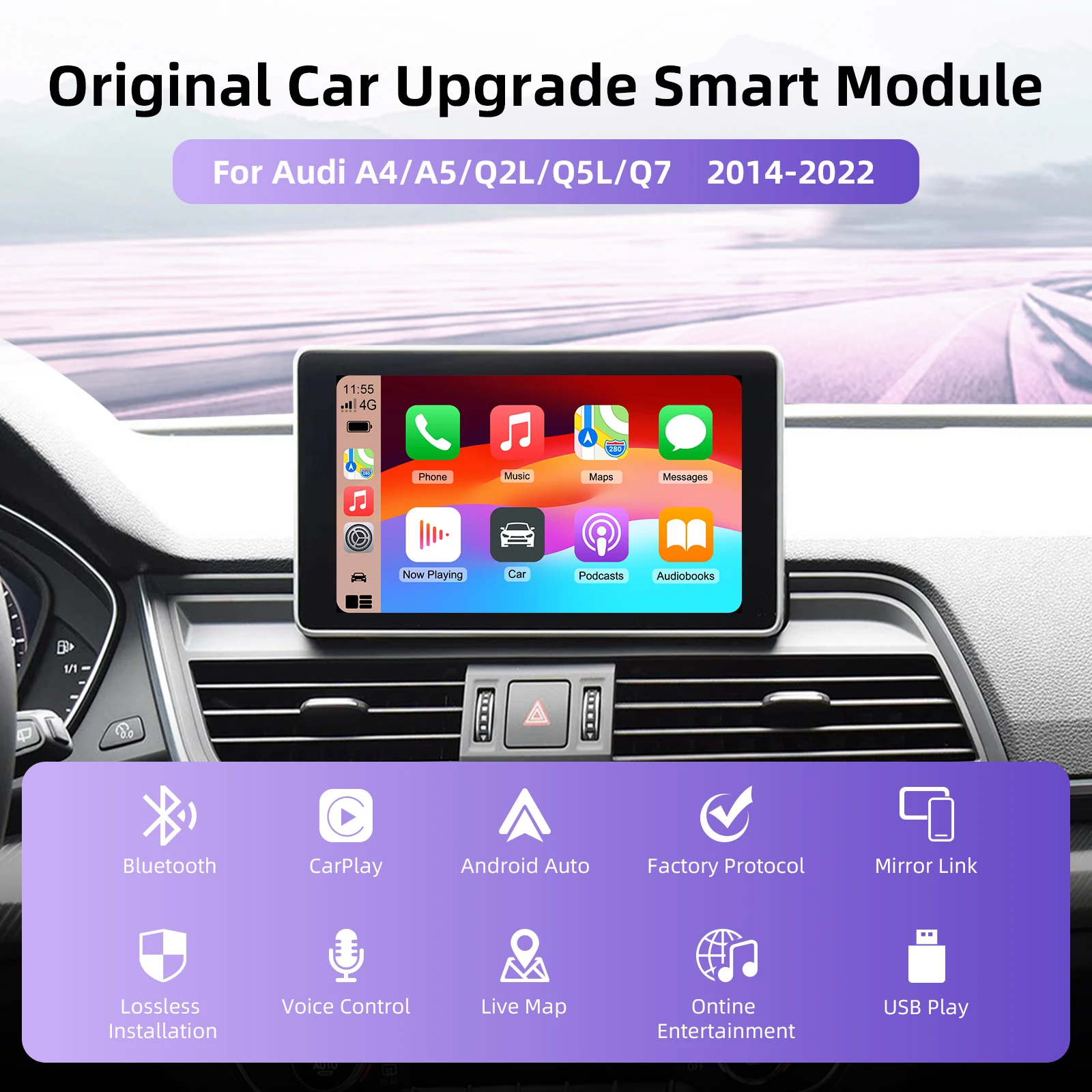 صندوق فك ترميز التحديثية التلقائي CarPlay Android اللاسلكي لأودي A4 A5 Q2L Q5L Q7 2014-2022 نظام MIB شاشة 7/ 8.8 بوصة ترقية OEM