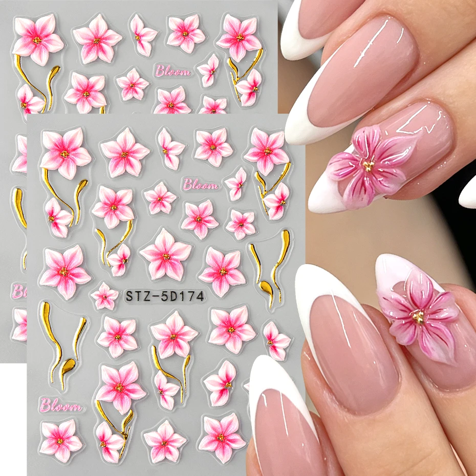 3D Blumen-Nagelkunst-Aufkleber Rosa Blüten Nageldekoration Selbstklebende Slider Acryl-Design Maniküre Nagelkunst-Zubehör