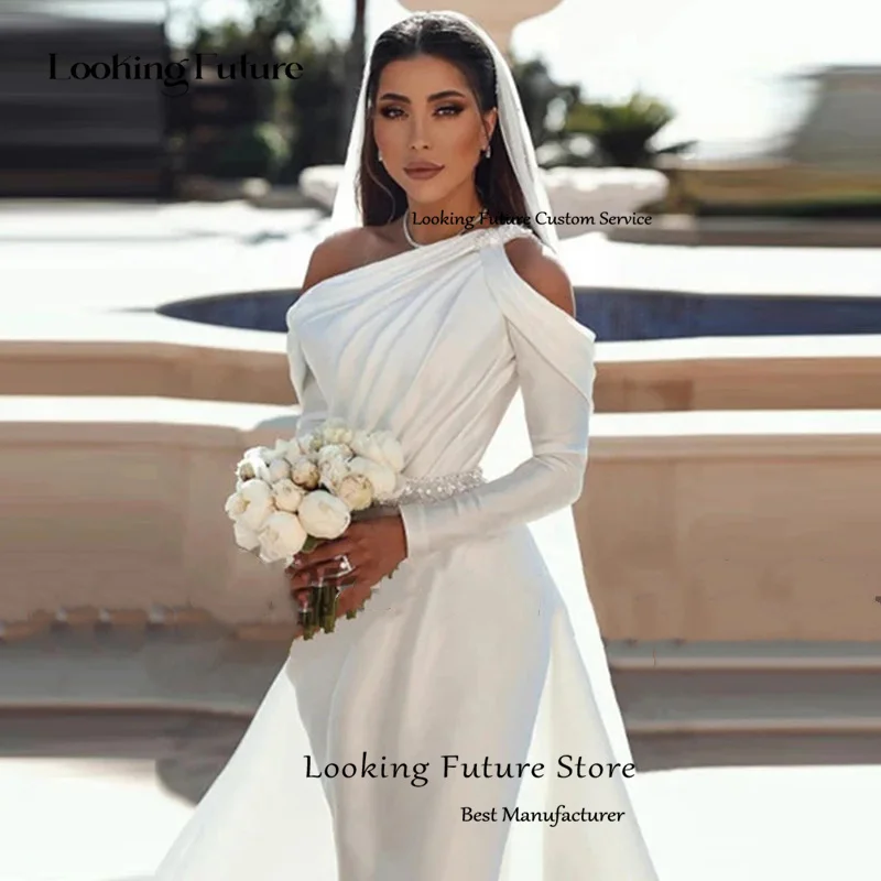 Robe de Mariée Sirène Blanche en Satin Morden, Manches sulf, Découpe, Dos aux, Plis, Perles, Simple, Traîne de Balayage, 2024