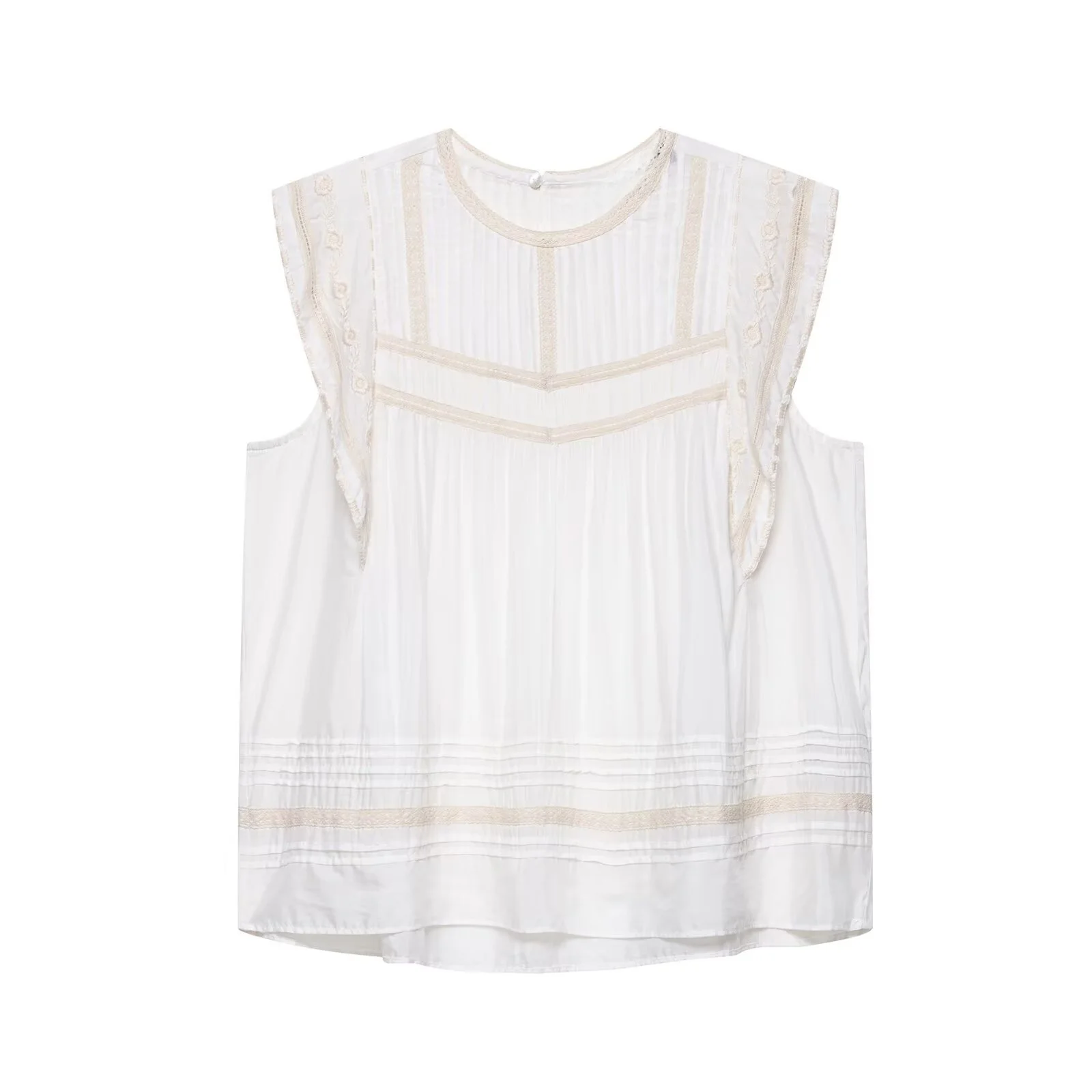 

PB&ZA2025 women's summer new exquisite embroidery splicing casual fashion all-match round neck sleeveless shirt top