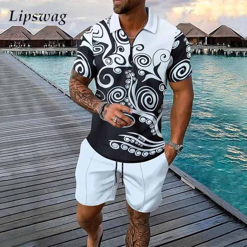 Beach Casual Pattern Print Two Piece Suits Mens Summer Fashion Lapel Short Sleeve Polo Shirt And Shorts Outfits Men Leisure Sets