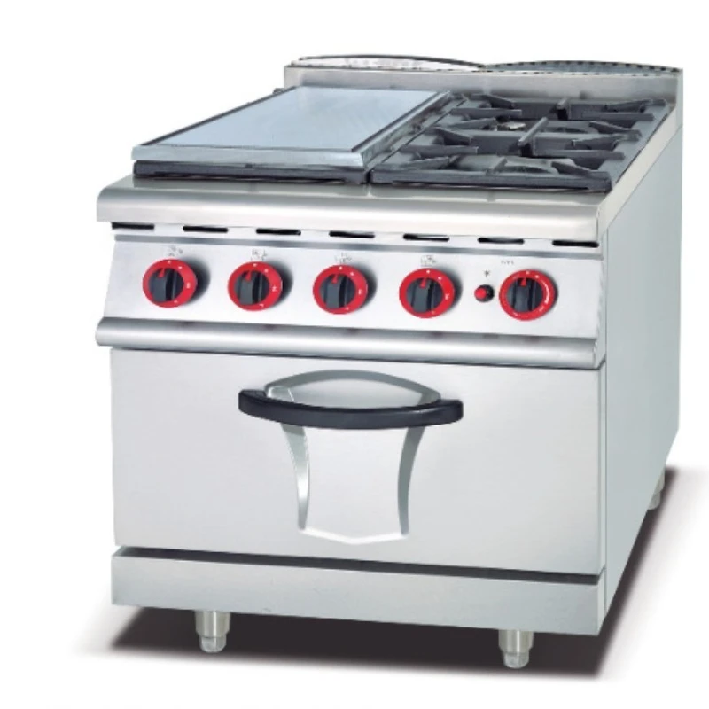 Cocina de gas comercial de acero inoxidable con 4 quemadores y horno.