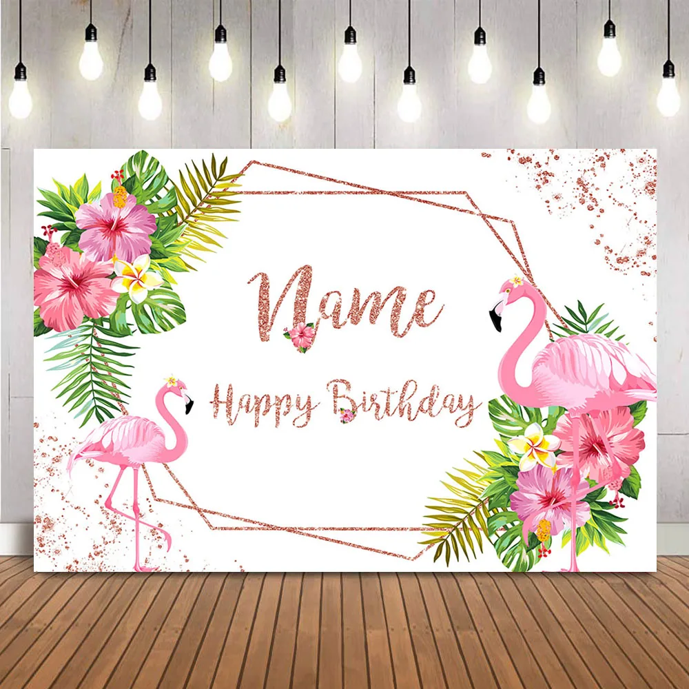 Happy Birthday Backdrop Pink Flamingo Theme Pink Rose Gold Glitter Shining Dot Photo Background Customzie Name Photocall Banner