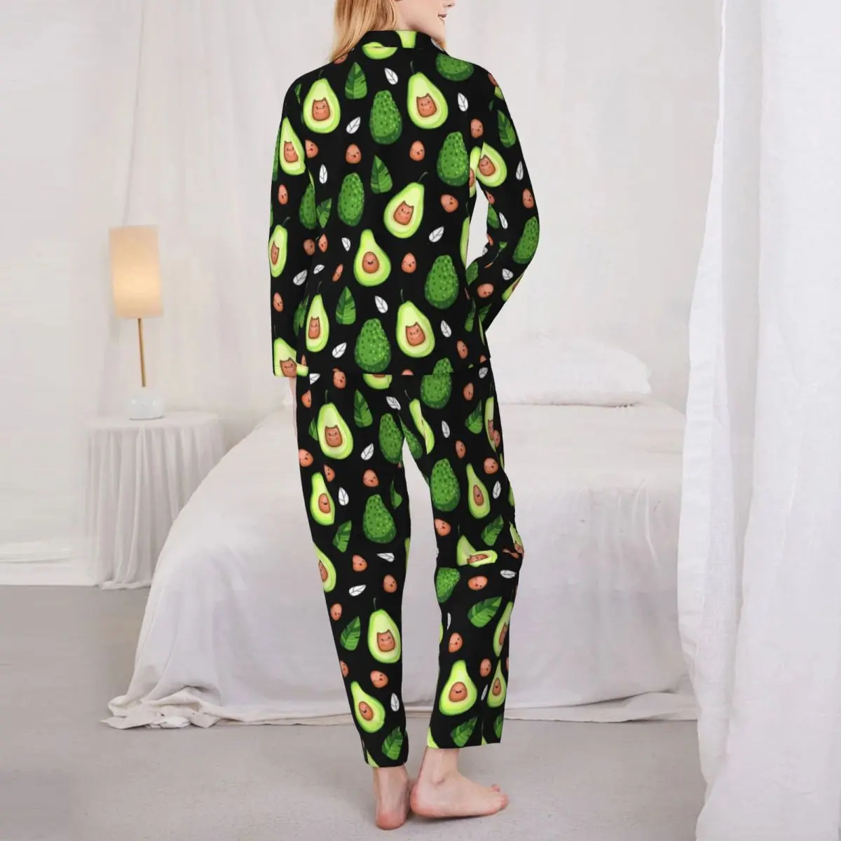 Kawaii Avocado Pajama Set Autumn Green Fruit Print Night Sleepwear Women 2 Piece Casual Oversized Design Nightwear Birthday Gift