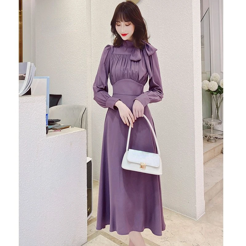 2024 Vintage French Style New Women Plated Purple Full Sleeve Dress , Woman Elegant Bow Dresses