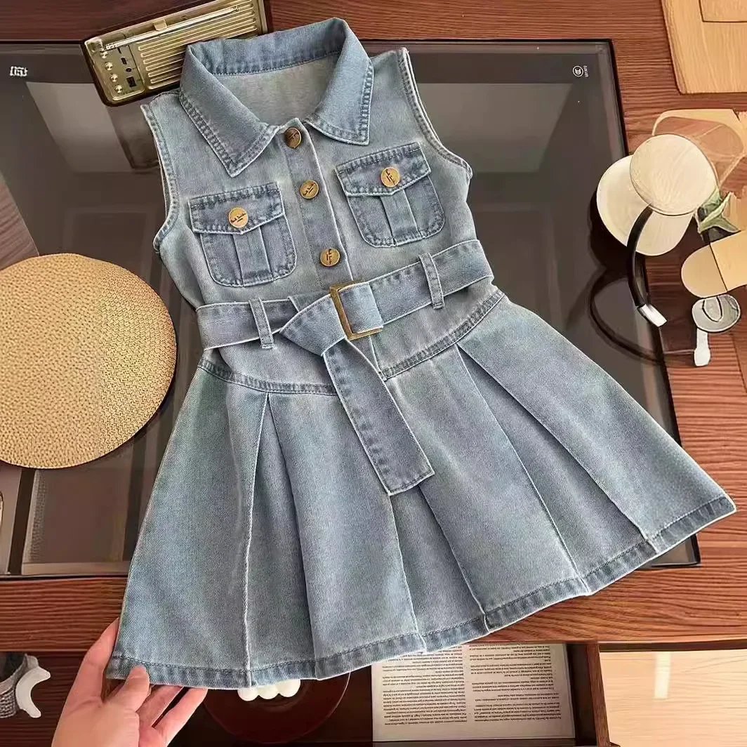 Girls Casual Dresses Sleeveless Shirt Collar Pleated Western Dress Girls Clothes for 3 To 7 Years Chinese Traditional Dress