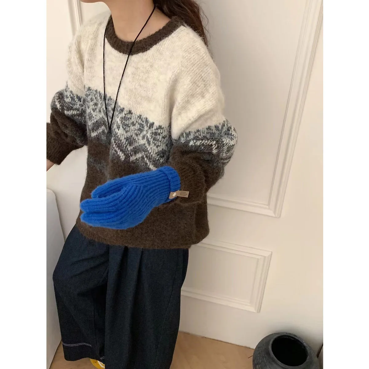 UMI MAO suéter de punto Top patrón de diamante Otoño Invierno suelto suave lana estilo perezoso suéter mujeres