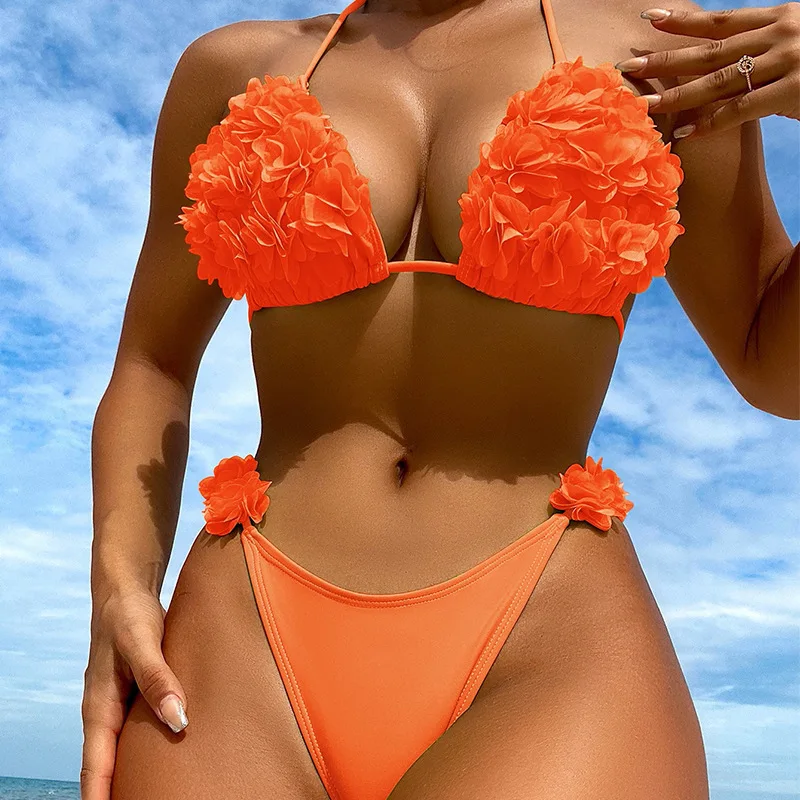 Bikini brésilien à fleurs pour femme, maillot de bain sexy, taille basse, push-up, couleur unie, vêtements de plage