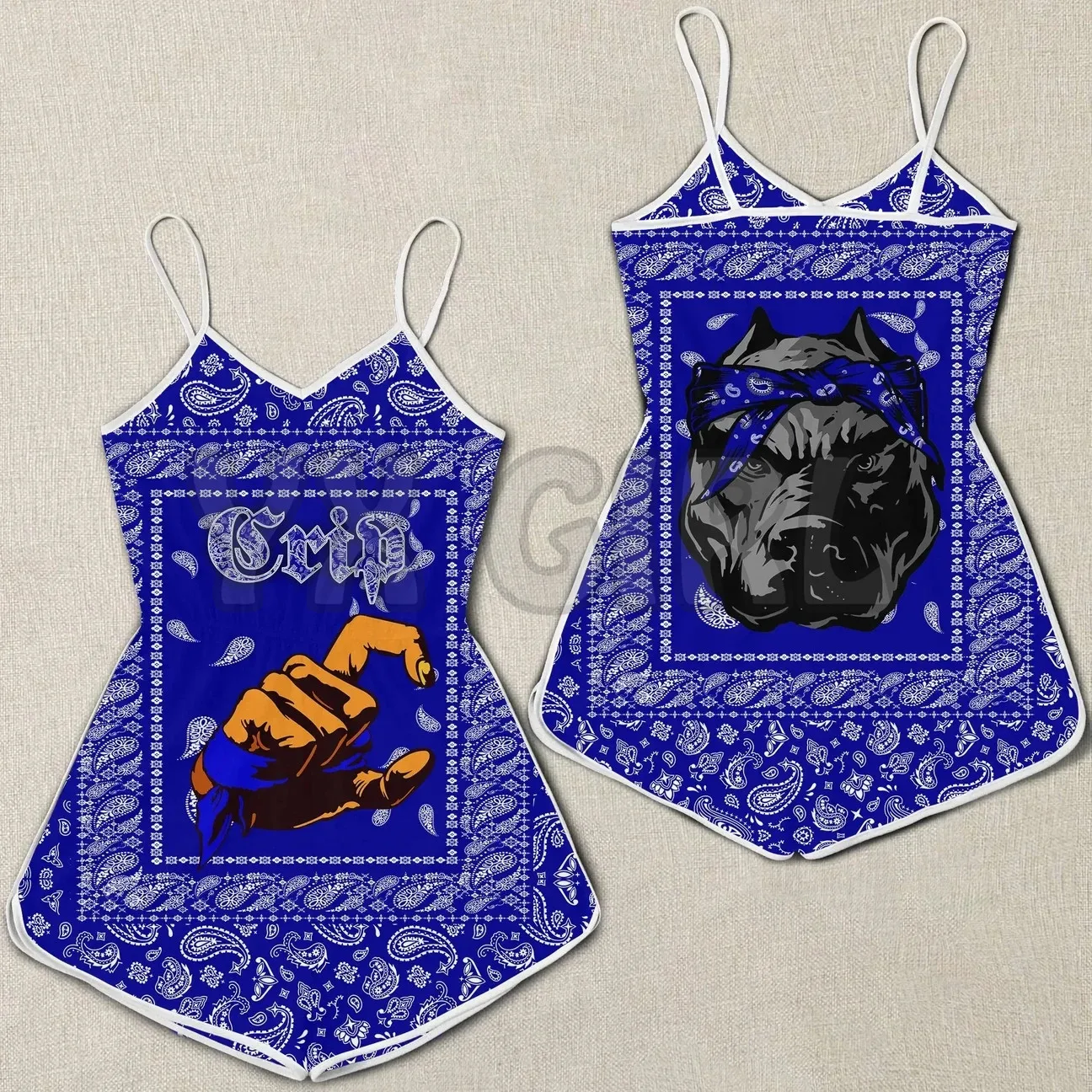 YX GIRL Crips Girl Romper Wanita Bandana Biru Romper Cetak 3D Seluruh Bagian Pakaian Bohemia Wanita Musim Panas