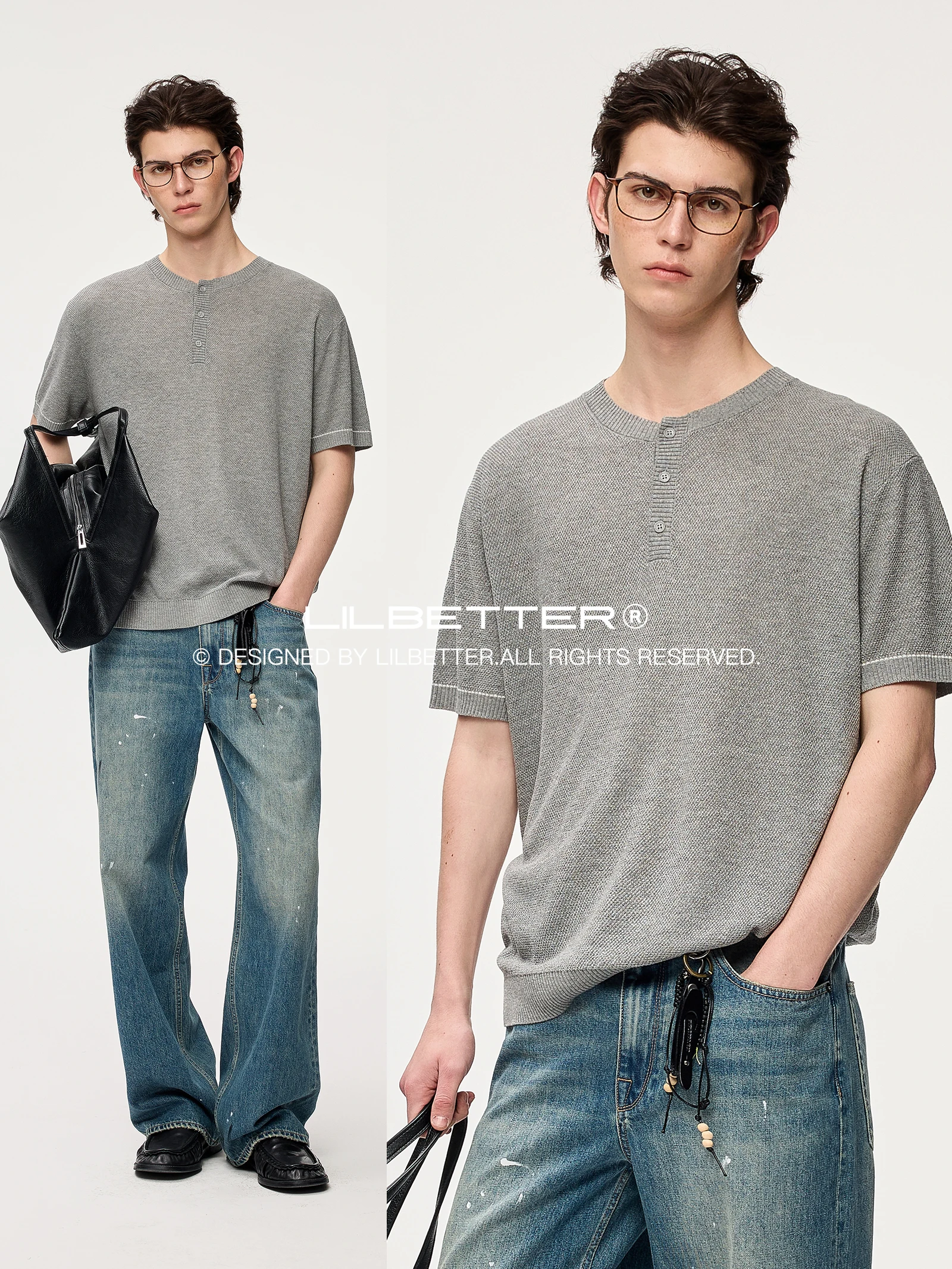 Lilbetter Linen Knitted Henry Collar T-Shirt Short Sleeve Textured Summer Fashion Casual Loose Fit Men's Tee Urban Style