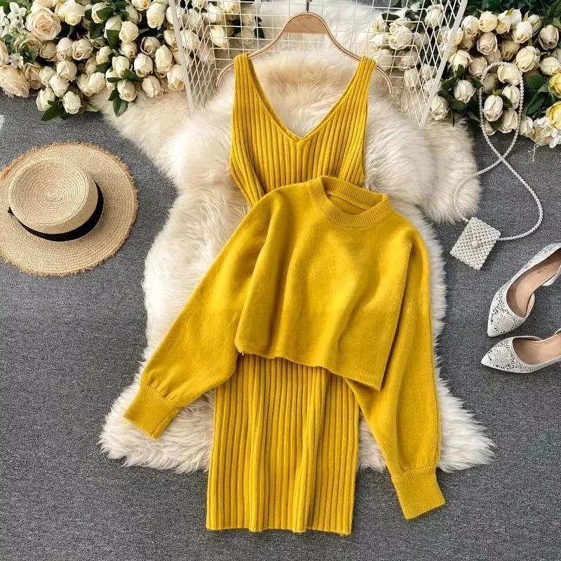 Women Sweater Midi Dress Set Casual Pullovers Suits Autumn Winter O-neck Long Sleeve Knitted Solid Slim Elegance Tops Elastic