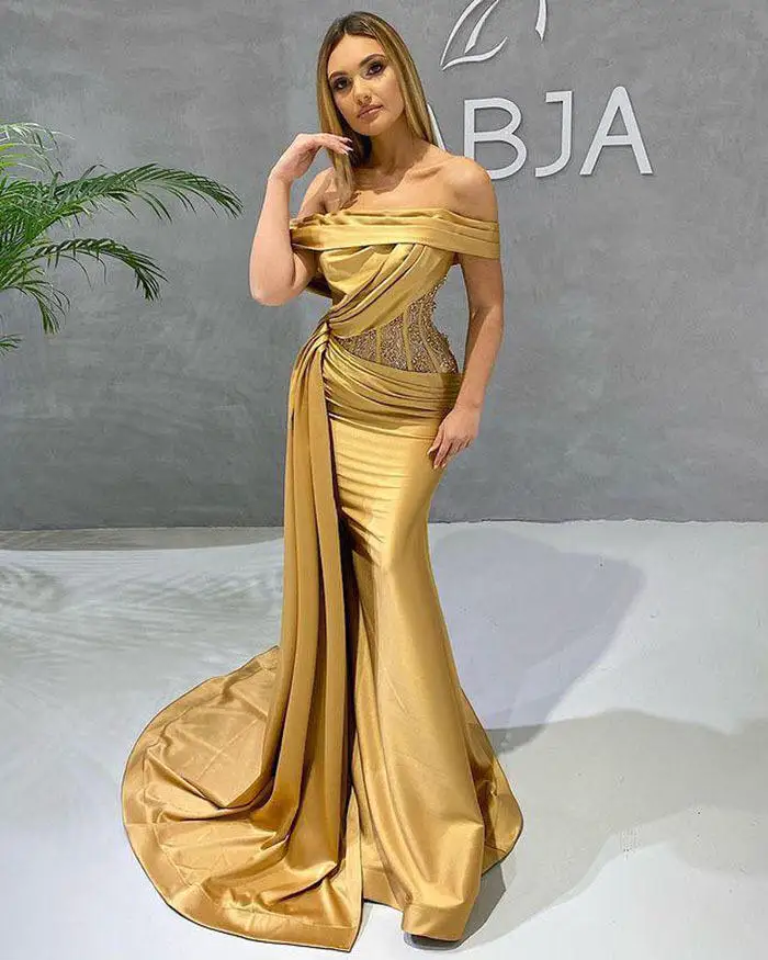 2021 Autumn New Gold Formal Party Satin Evening Gowns Sequins Irregular Full Length Celebrity Dresses Wedding Cocktail Prom Robe