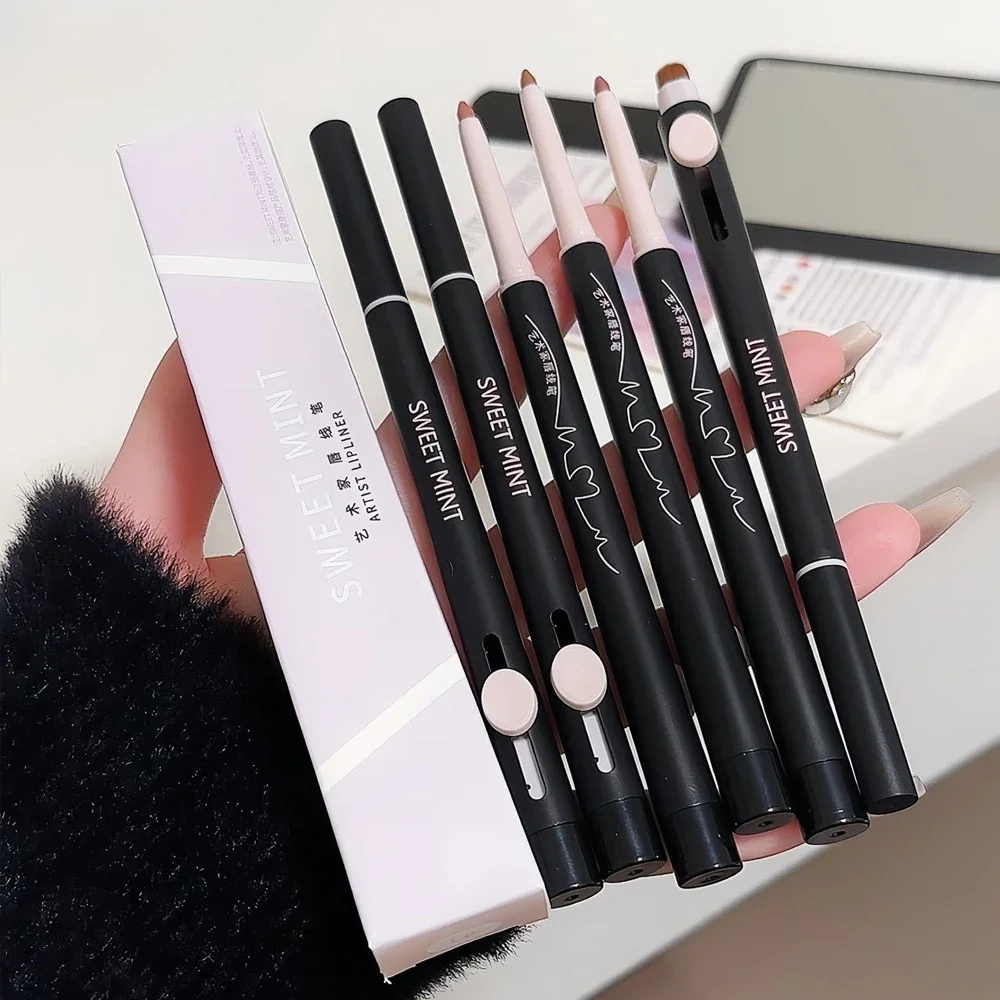 Double-headed Lip Liner ปากกาแปรงแต่งหน้ากันน้ํา Lasting Matte ลิปสติกสีแดง Lip Contouring Non-stick Cup Lipliner ดินสอ