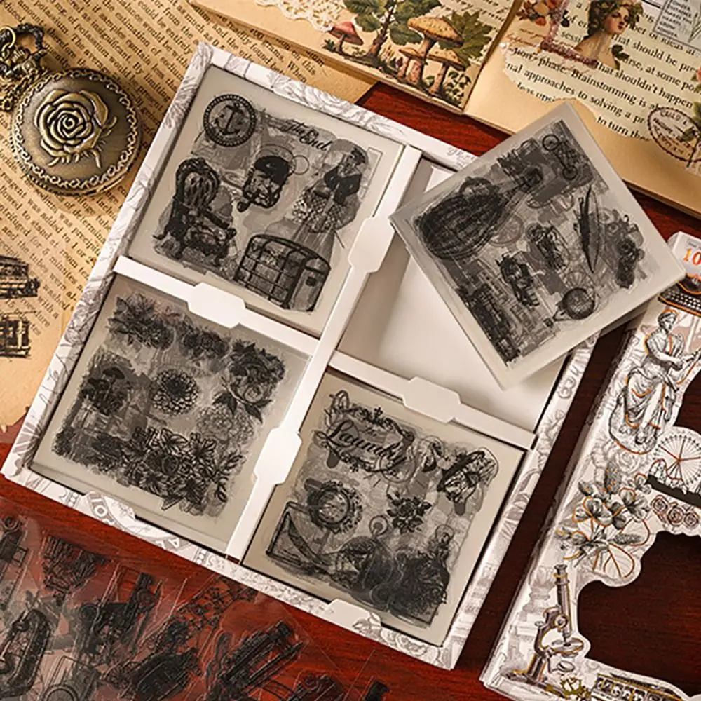 PET Vintage Gift Box Stickers Cartoon Stationery DIY Handbook Stickers Material Scrapbooking Cartoon Decorative Stickers