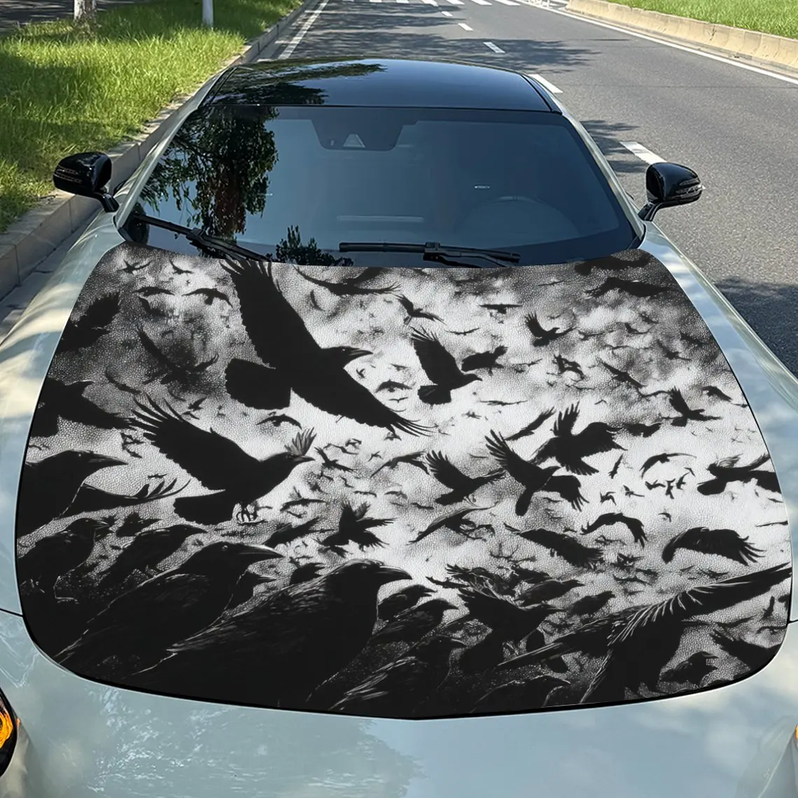 Black And White Style Crow Flock PVC Car Hood Stickers/Waterproof Vinyl Wrap/Trendy Design/Durable For Cars, Trucks, SUVs/Unique