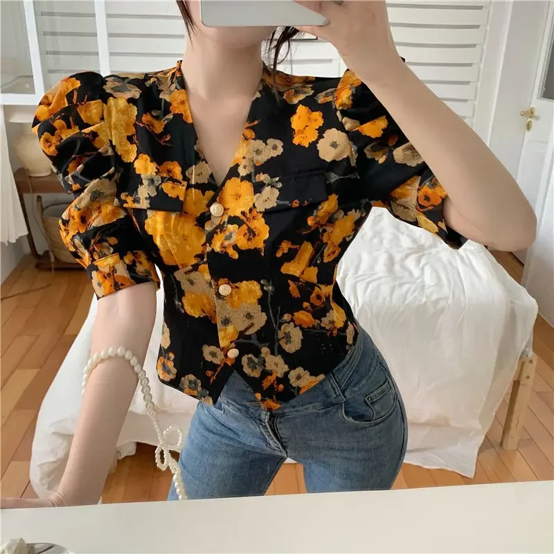 

Retro Bubble Short Sleeve Floral Top Fashion V-neck Women's Shirt Summer Blusas Femininas Elegantes Crop Blouse Y2k Shirts