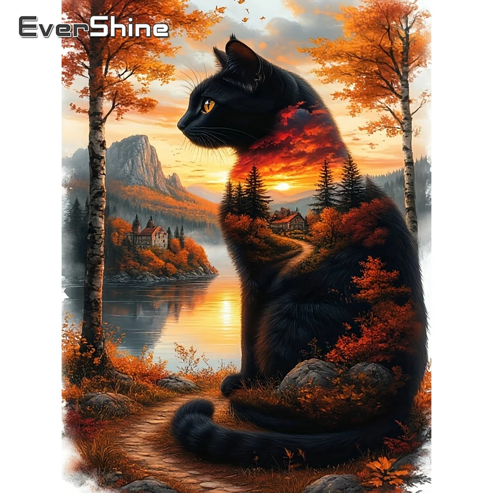 Evershine DIY Diamant-Mosaik Landschaft Vollflächiges Quadratisches Malset Katzen-Bastelset Strass-Bild Stickerei Herbst Wandkunst