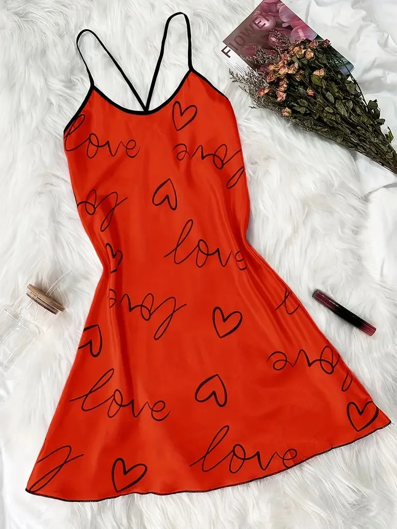 Satin Sleepwear Dress for Women Sexy Lingerie Heart Letter Printed Round Neck Backless Comfortable Nightdress Nightgowns