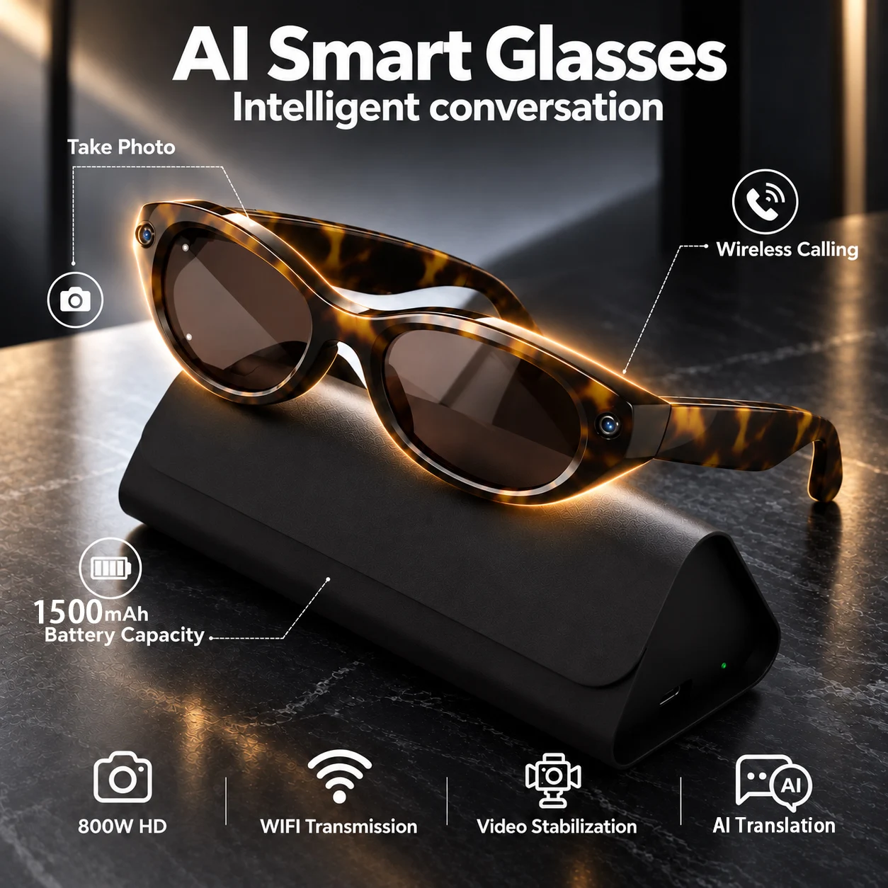 New AI Sunglasse Smart Glasses with 8MP Camera Hands-Free Photo and Video AI Translation 1500mAh Genuine leather charging case