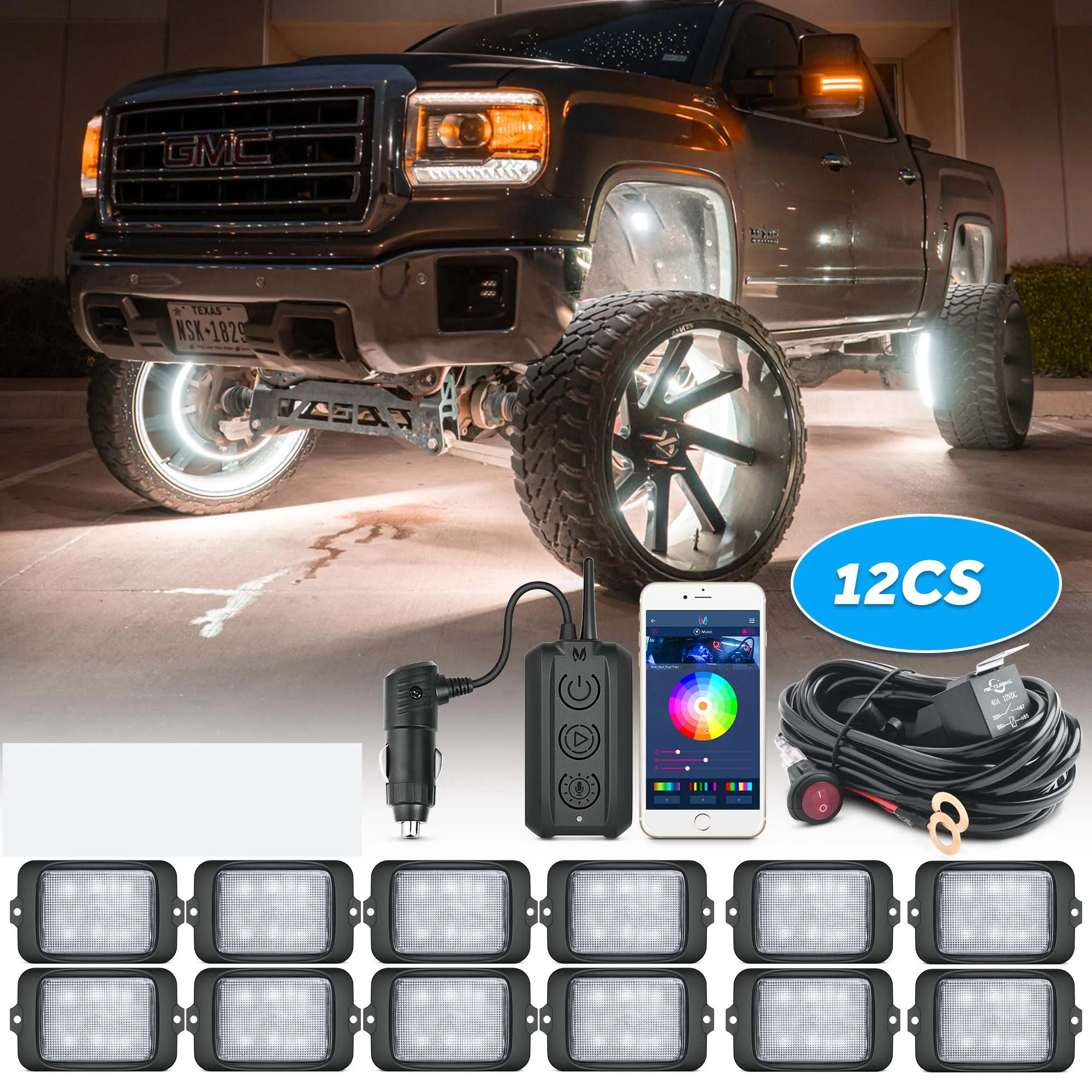 MICTUNING C3 RGBW LED Rock Lights with Bluetooth APP & Wireless Control Box,12 Pods Multi-Color Neon Underglow Lights For Car