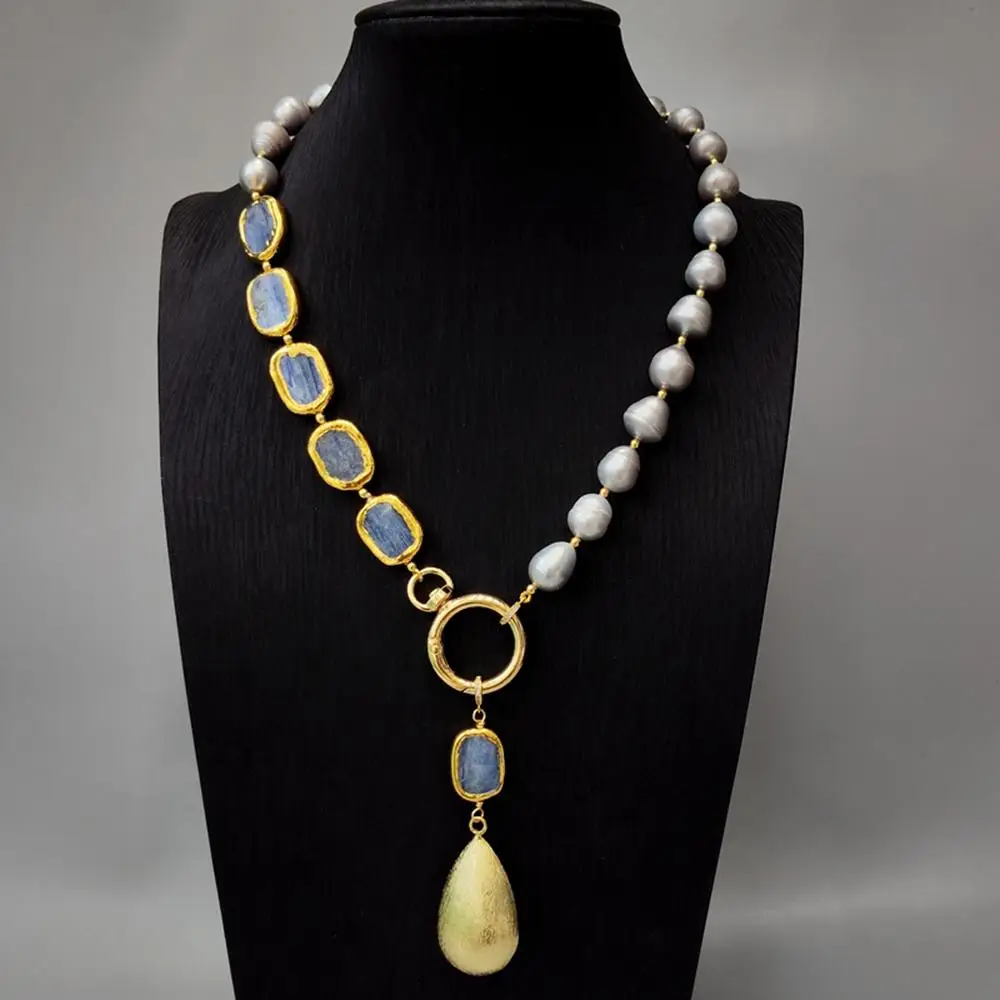 

KKGEM 18x23mm Kyanite Teardrop Pendant 14x15mm Freshwater Gray Pearl Collar Necklace Earrings Set