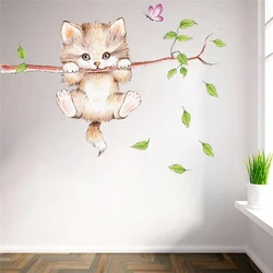 Cute Cat Butterfly Tree Branch Wall Stickers for Kids Rooms Home Decoration Cartoon wall Decals